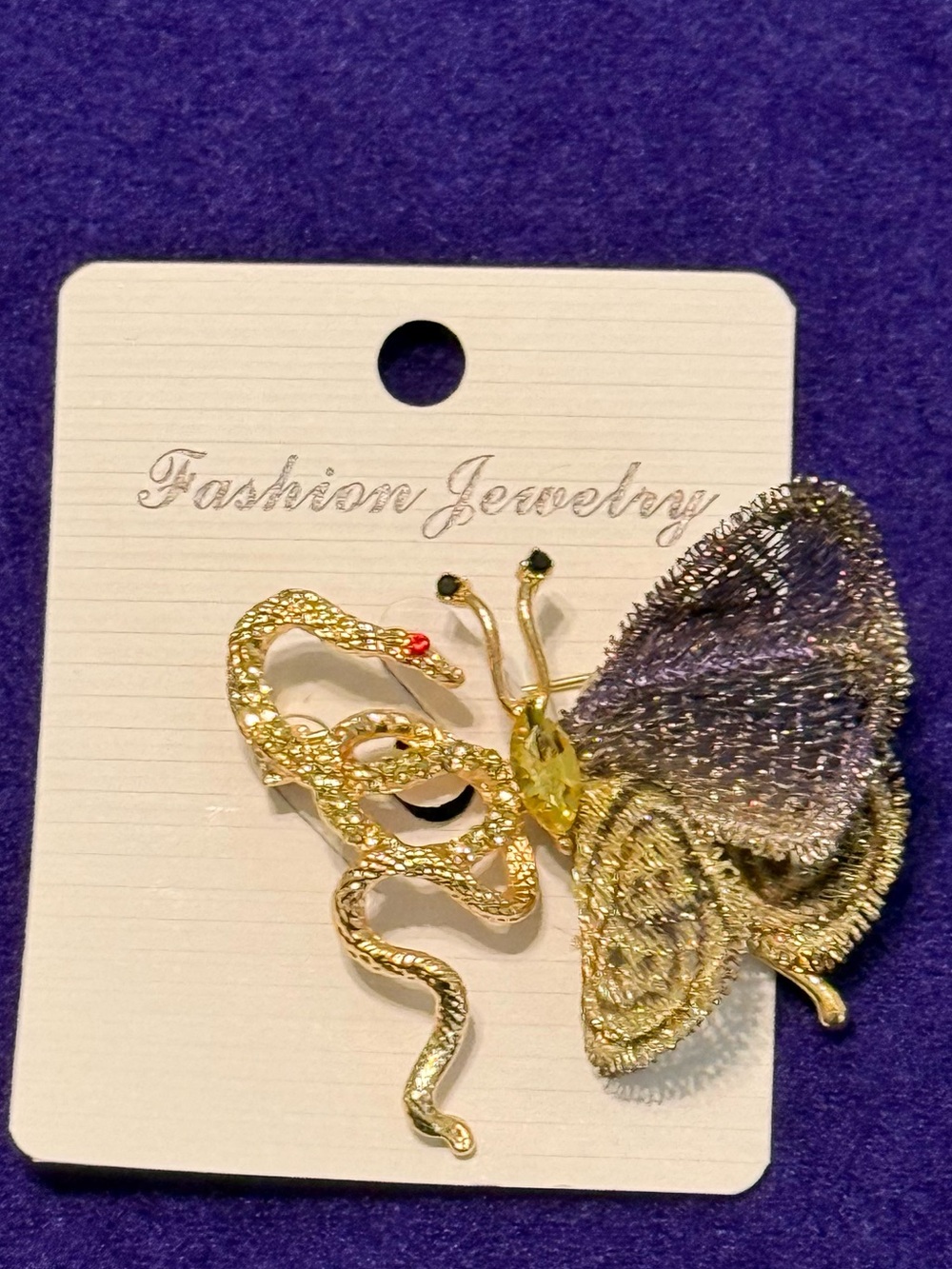 Gold Snake and Gold-Purple Butterfly Wing Brooch insect Pin Gothic Jewelry